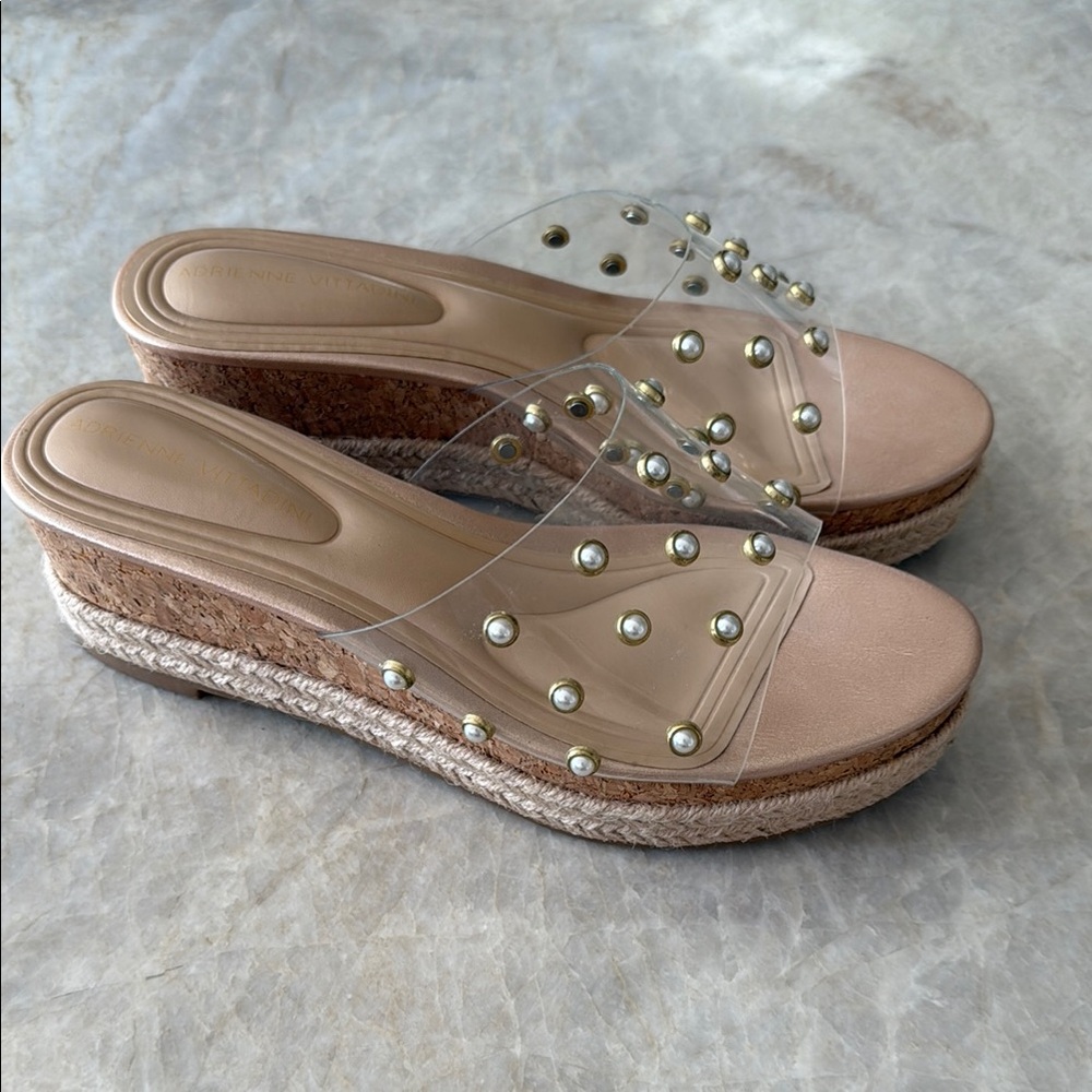 Women's Tan Wedge Sandals with Studded Clear Strap